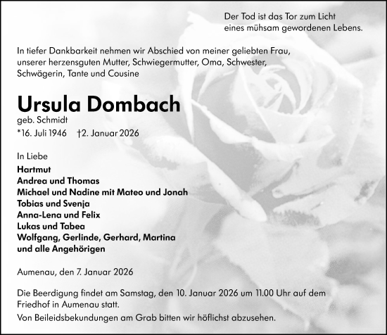 Traueranzeige von Ursula Dombach von Weilburger Tageblatt
