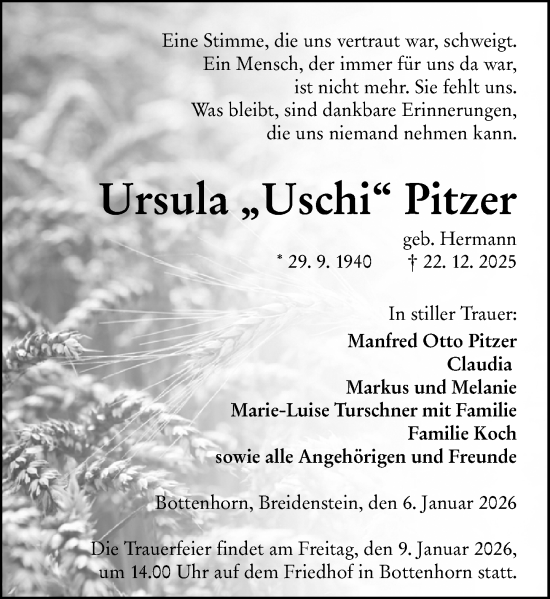 Traueranzeige von Ursula Pitzer von Hinterländer Anzeiger