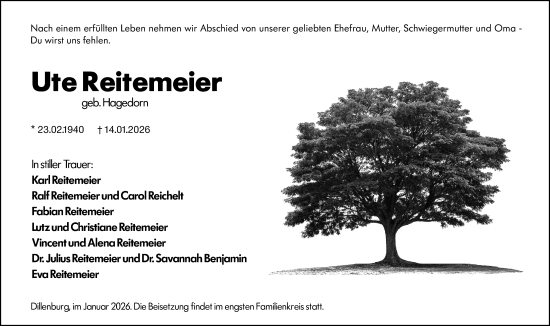Traueranzeige von Ute Reitemeier von Dill Block