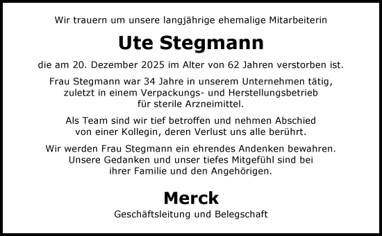 Traueranzeige von Ute Stegmann von Darmstädter Echo