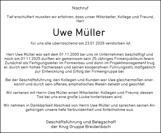 Traueranzeige von Uwe Müller von Hinterländer Anzeiger