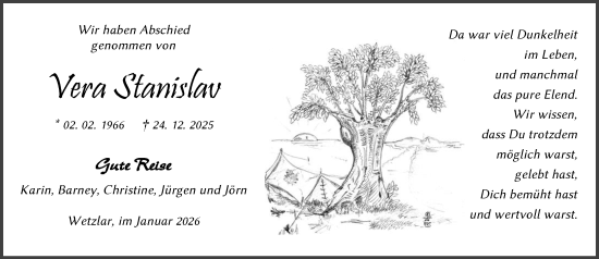 Traueranzeige von Vera Stanislav von Wetzlarer Neue Zeitung