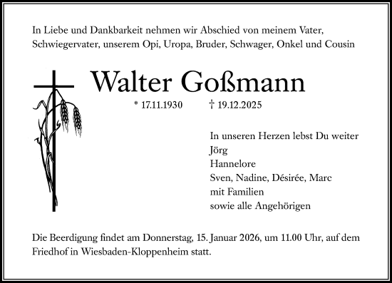 Traueranzeige von Walter Goßmann von Wiesbadener Kurier