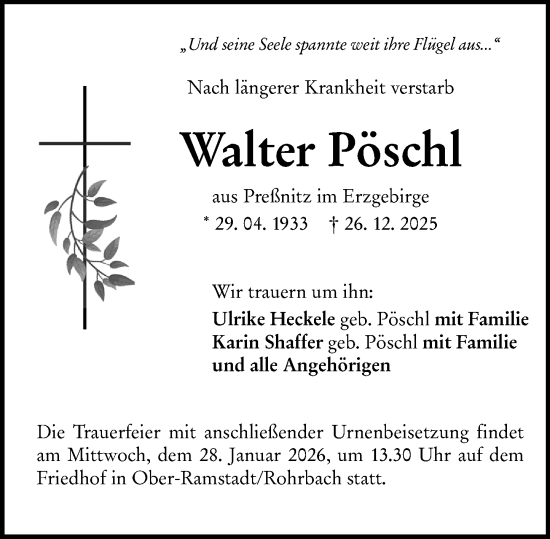 Traueranzeige von Walter Pöschl von Darmstädter Echo