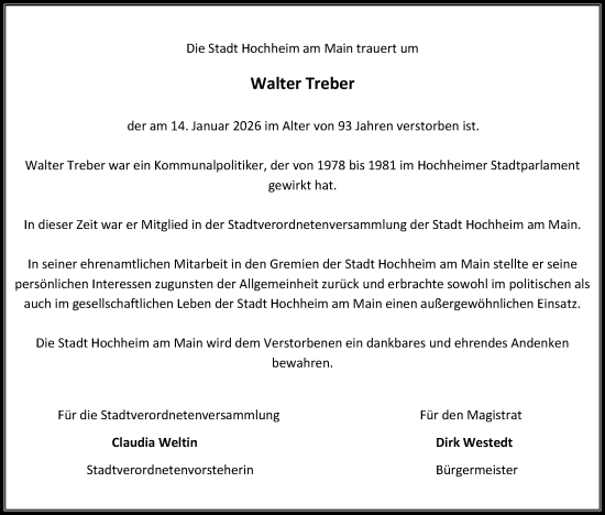 Traueranzeige von Walter Treber von Hochheimer Zeitung