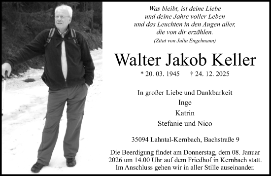 Traueranzeige von Walter Jakob Keller von Hinterländer Anzeiger