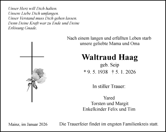 Traueranzeige von Waltraud Haag von Allgemeine Zeitung Mainz