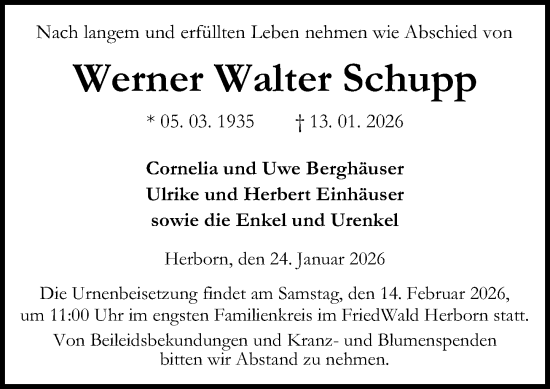 Traueranzeige von Werner Walter Schupp von Dill Block