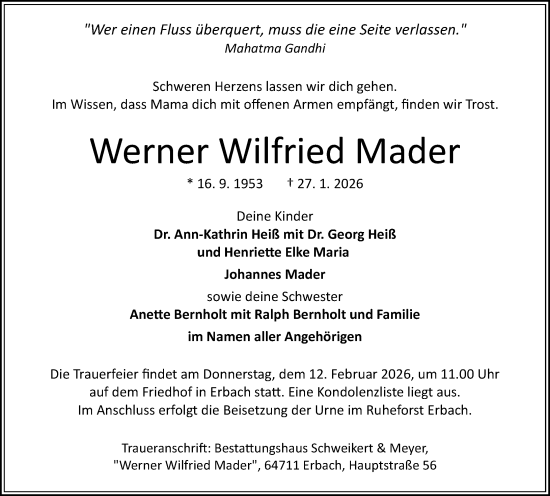 Traueranzeige von Werner Wilfried Mader von Odenwälder Echo