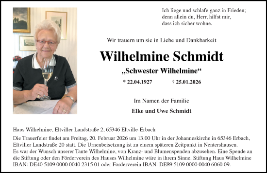 Traueranzeige von Wilhelmine Schmidt von Wiesbadener Kurier