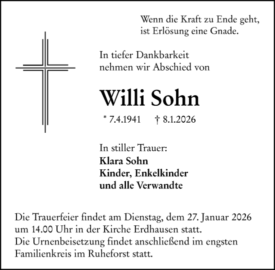 Traueranzeige von Willi Sohn von Hinterländer Anzeiger