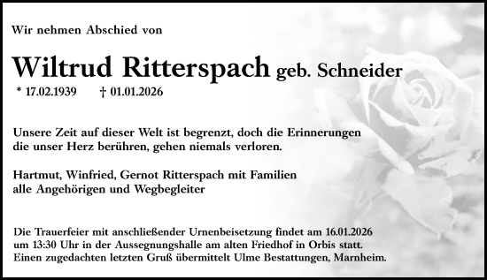 Traueranzeige von Wiltrud Ritterspach von Allgemeine Zeitung Alzey