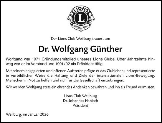 Traueranzeige von Wolfgang Günther von Weilburger Tageblatt