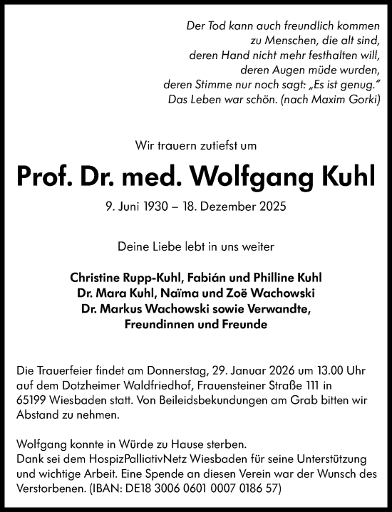 Traueranzeige von Wolfgang Kuhl von Wiesbadener Kurier