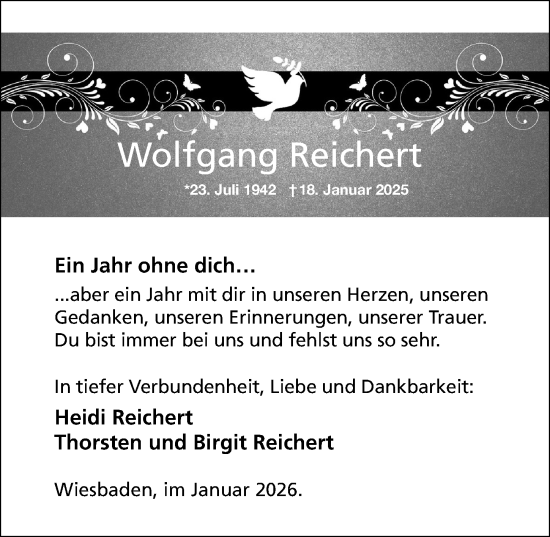 Traueranzeige von Wolfgang Reichert von Wiesbadener Kurier