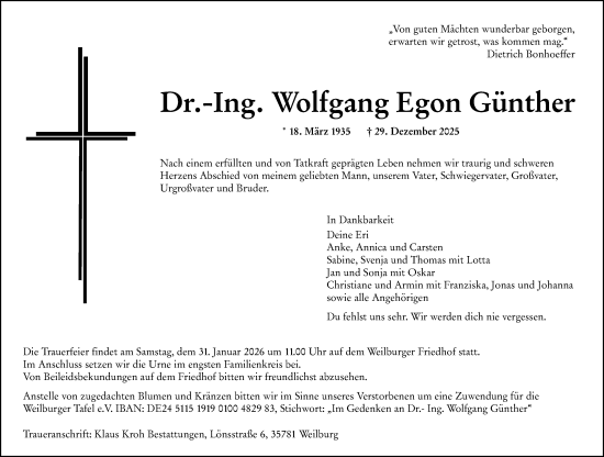 Traueranzeige von Wolfgang Egon Günther von Weilburger Tageblatt