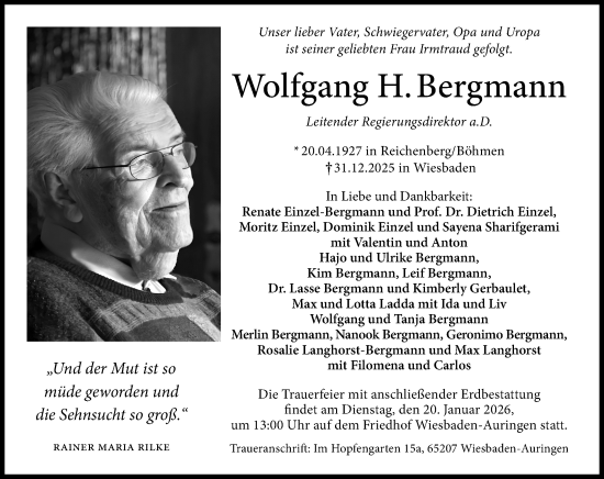 Traueranzeige von Wolfgang H. Bergmann von Wiesbadener Kurier