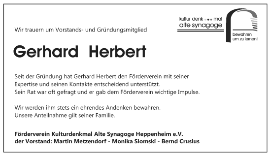 Traueranzeige von Gerhard Herbert 