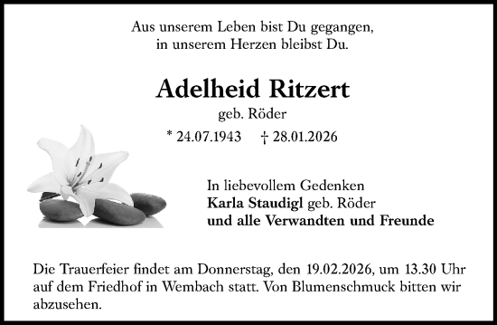 Traueranzeige von Adelheid Ritzert von Darmstädter Echo