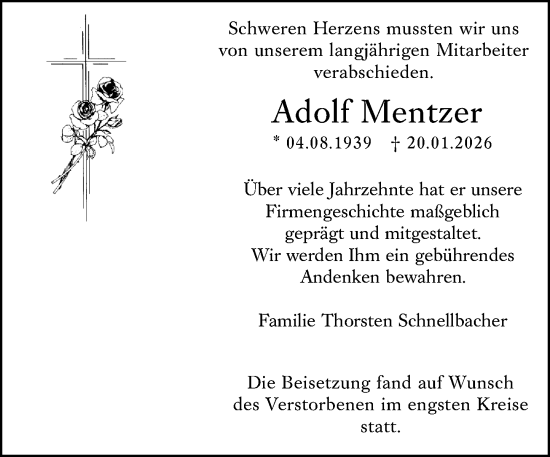 Traueranzeige von Adolf Mentzer von Odenwälder Echo