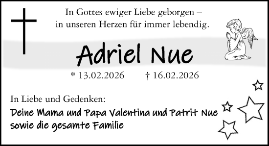 Traueranzeige von Adriel Nue von Dill Block