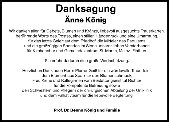 Traueranzeige von Änne König von Allgemeine Zeitung Mainz