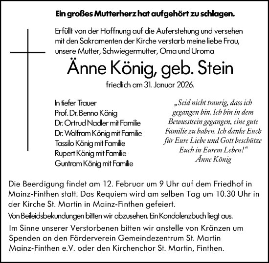 Traueranzeige von Änne König von Allgemeine Zeitung Mainz