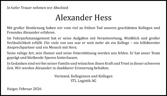 Traueranzeige von Alexander Hess von Wetzlarer Neue Zeitung