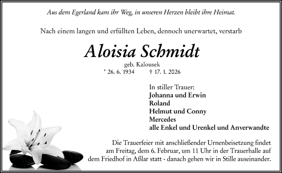 Traueranzeige von Aloisia Schmidt von Wetzlarer Neue Zeitung