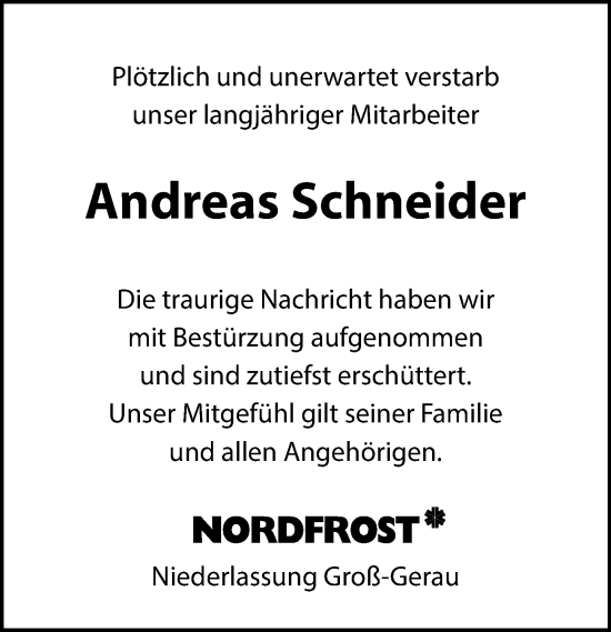 Traueranzeige von Andreas Schneider von Allgemeine Zeitung Mainz