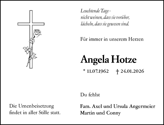 Traueranzeige von Angela Hotze von Dieburger Anzeiger/Groß-Zimmerner Lokal-Anzeiger
