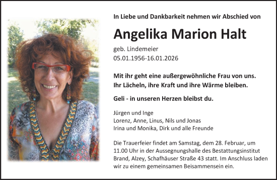 Traueranzeige von Angelika Marion Halt von Allgemeine Zeitung Alzey