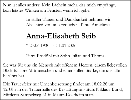 Traueranzeige von Anna-Elisabeth Seib von Allgemeine Zeitung Mainz
