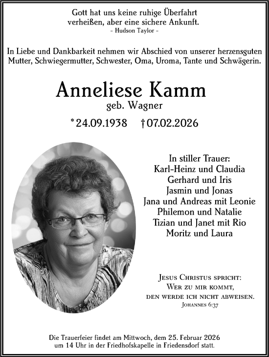 Traueranzeige von Anneliese Kamm von Hinterländer Anzeiger