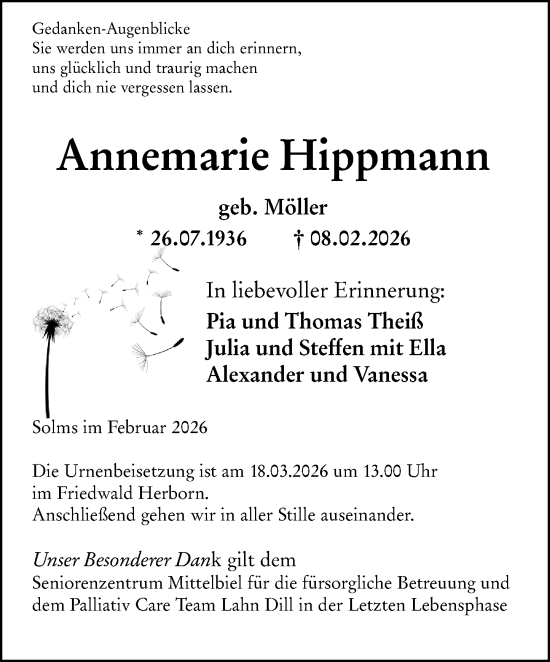 Traueranzeige von Annemarie Hippmann von Wetzlarer Neue Zeitung
