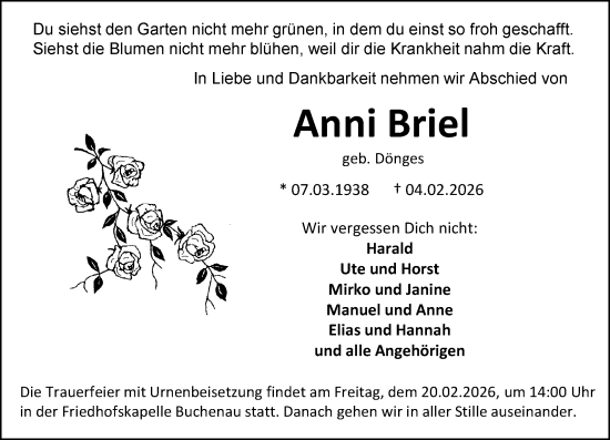 Traueranzeige von Anni Briel von Hinterländer Anzeiger