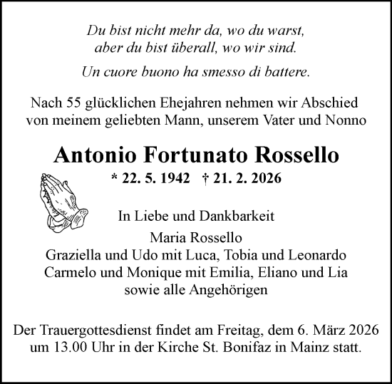 Traueranzeige von Antonio Fortunato Rossello von Allgemeine Zeitung Mainz