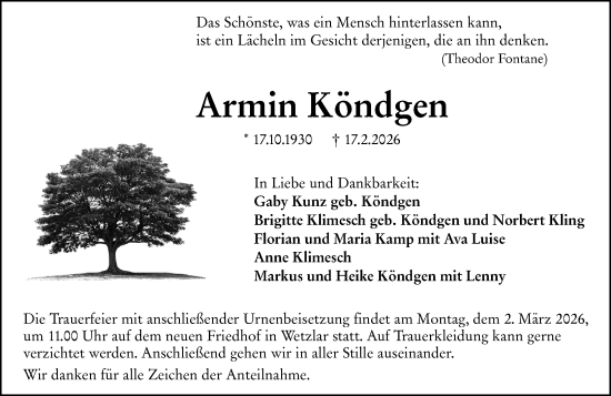 Traueranzeige von Armin Köndgen von Wetzlarer Neue Zeitung