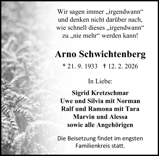 Traueranzeige von Arno Schwichtenberg von Allgemeine Zeitung Mainz