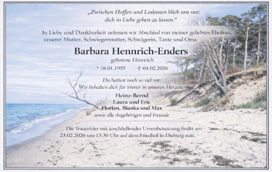 Traueranzeige von Barbara Hennrich-Enders von Dieburger Anzeiger/Groß-Zimmerner Lokal-Anzeiger