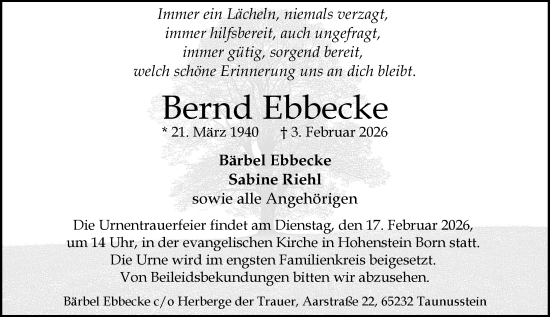 Traueranzeige von Bernd Ebbecke von Wiesbadener Kurier