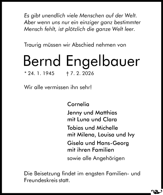 Traueranzeige von Bernd Engelbauer von Allgemeine Zeitung Mainz