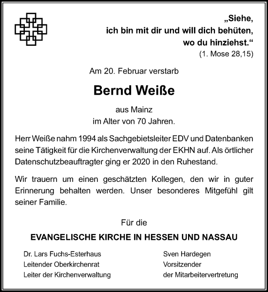 Traueranzeige von Bernd Weiße von Darmstädter Echo