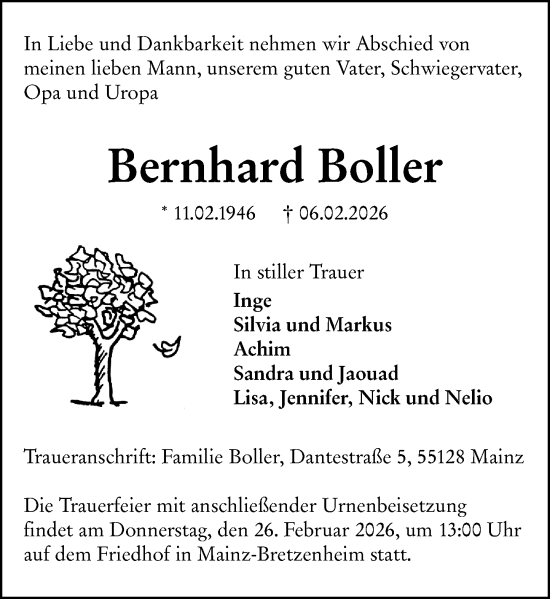 Traueranzeige von Bernhard Boller von Allgemeine Zeitung Mainz