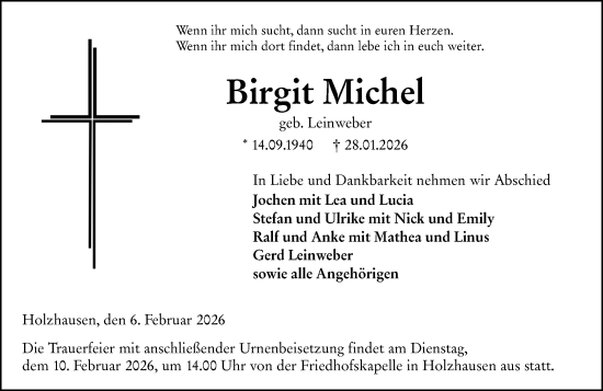 Traueranzeige von Birgit Michel von Hinterländer Anzeiger