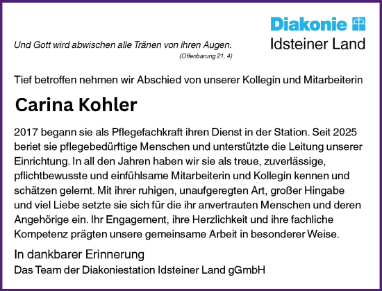 Traueranzeige von Carina Kohler von Rheingau-Taunus-Kreis Wochenblatt