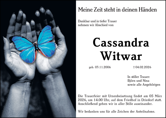Traueranzeige von Cassandra Witwar von Dill Block