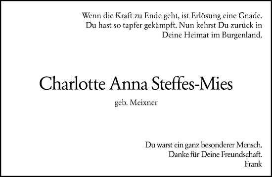 Traueranzeige von Charlotte Anna Steffes-Mies von Allgemeine Zeitung Mainz