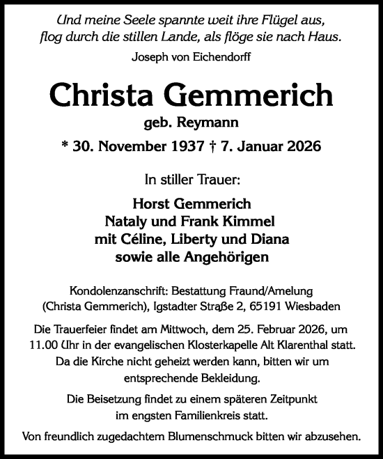 Traueranzeige von Christa Gemmerich von Wiesbadener Kurier