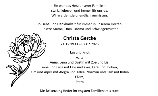 Traueranzeige von Christa Gercke von Hinterländer Anzeiger